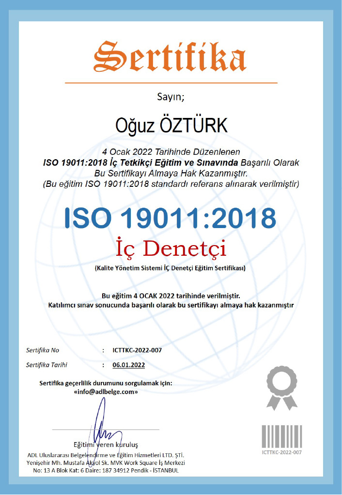 ISO 9001 2015 iç denetçi eğitim katılım sertikası